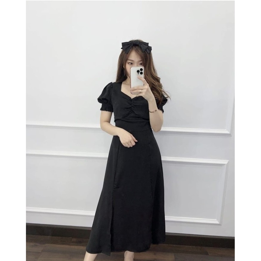 BELANJA MIDI DRESS WANITA LENGAN PENDEK BAJU PESTA ROK BELAH OUTFIT CEWE KOREA DFR48