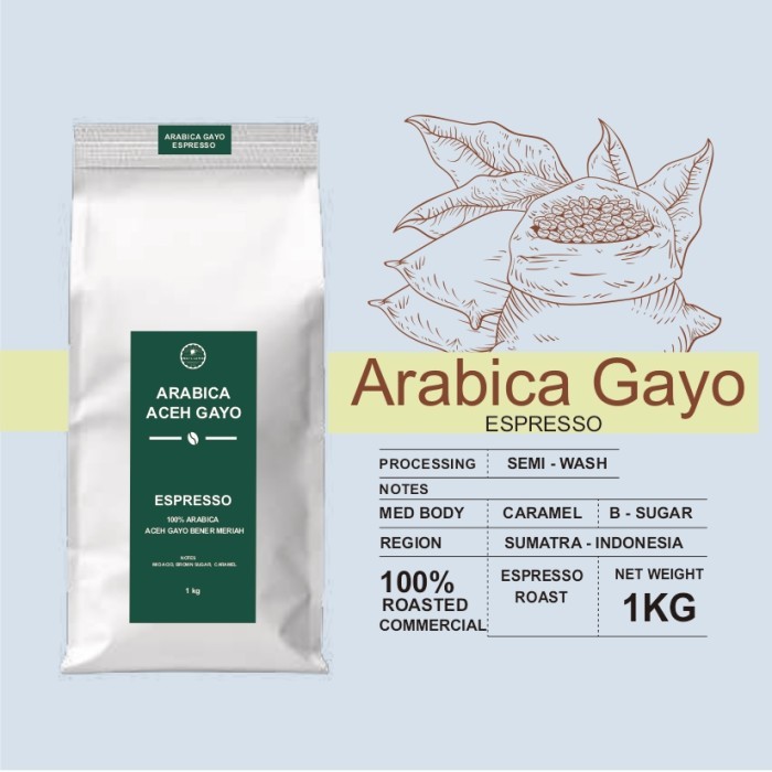 

BIJI KOPI 100% ARABICA ACEH GAYO ROASTED COMMERCIAL 1KG - ESPRESSO