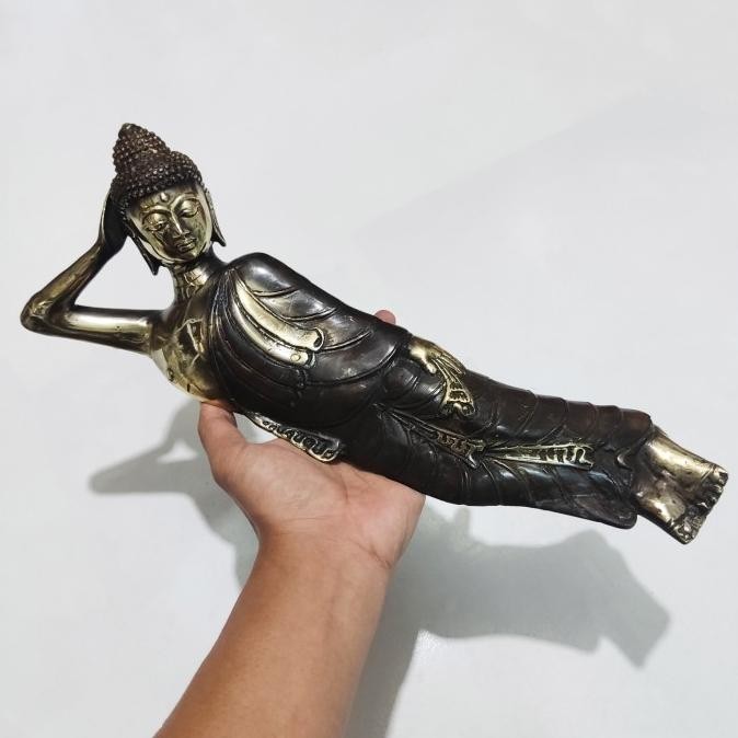 ------] Patung Kuningan Budha Tidur Antik Reclining Buddha Berbaring, 40cm