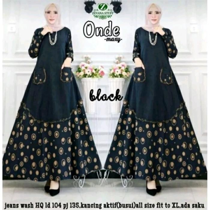 Promo Baju Gamis Jeans Denim Wanita Kombinasi Motif Garis Salur Strip Muslim