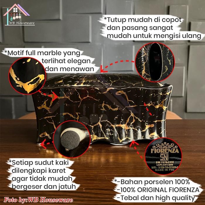 HOT SALE FIORENZA TEMPAT TISSUE KOTAK KERAMIK SEGI MOTIF MARBLE / TEMPAT PENYIMPANAN /TISSUE BOX