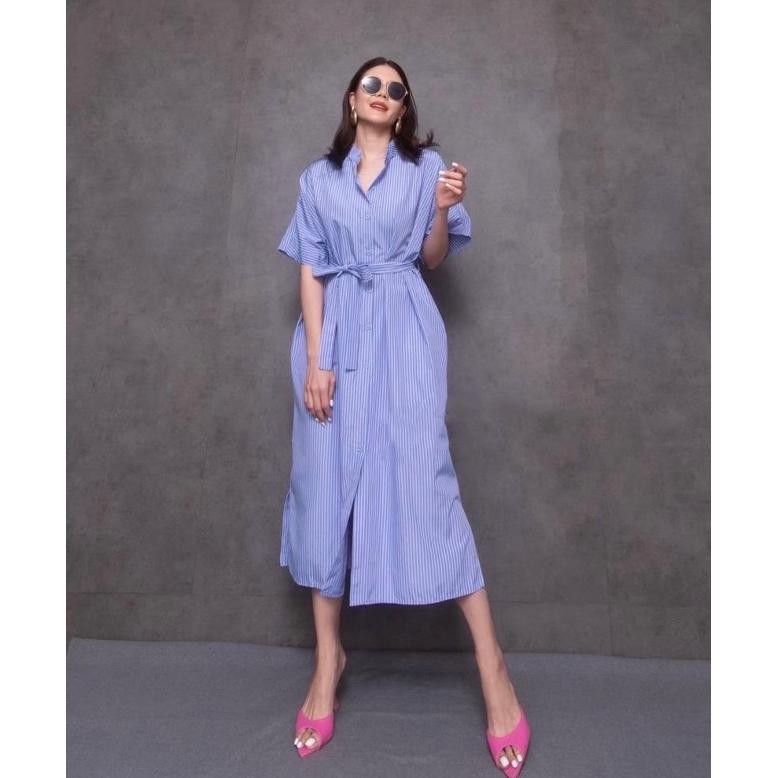 Midi Dress Lengan Pendek / Dress Casual Wanita Lengan Pendek / Stripe Dress Midi