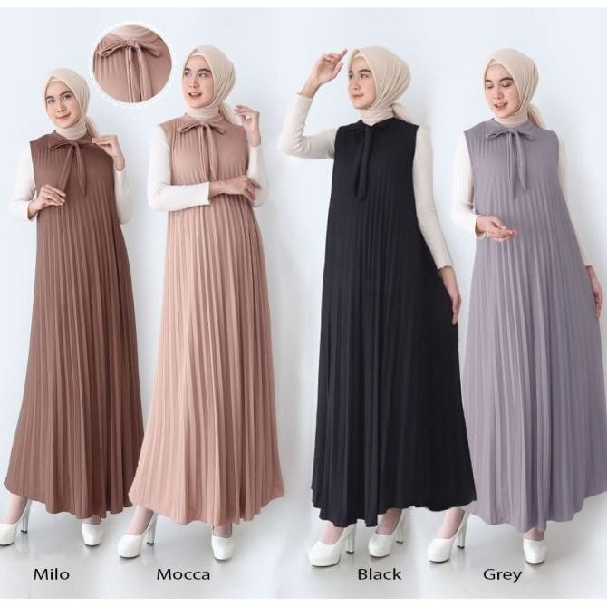 Big Sale Gamis Plisket Wanita Maxy Dress Tanpa Lengan Polos Black Brown Original