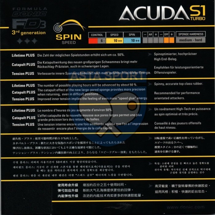 Donic Acuda S1 Turbo Karet Pingpong Rubber Tenis Meja