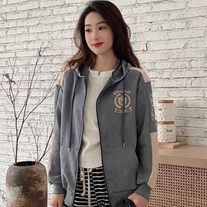 Jaket Hoodie Zipper Wanita Premium Suede Bludru Allsize - Caassic New York