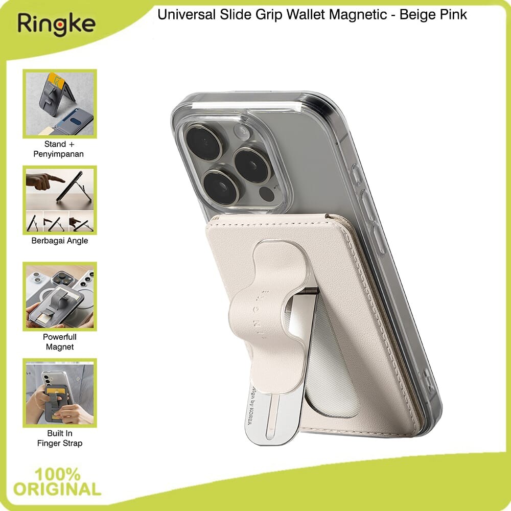 Ringke Slide Grip Wallet Magnetic Beige Pink Aksesoris Magsafe Magnet All in One / Grip Anti Slip / 