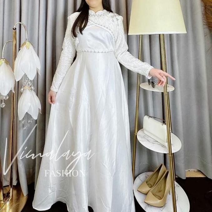 Gamis Putih Polos Satin Kombinasi Tile Bordir 76651 Baju Muslim Vima Lebaran Original