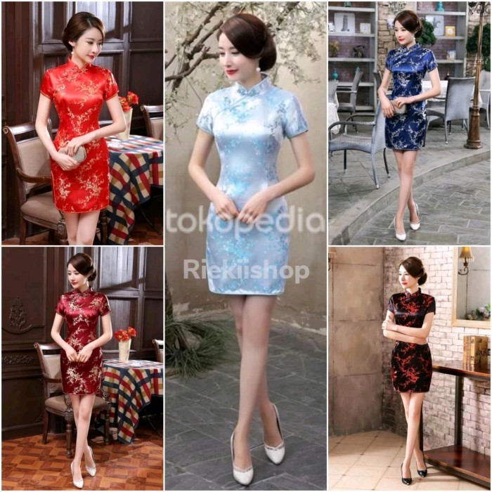 Dress Cheongsam Qipao Sangjit Bahan Satin Motif Bunga Readystock