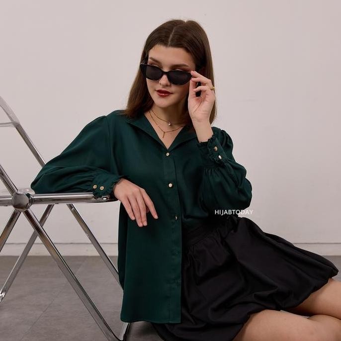 Belova Shirt HT by Fashiontoday - Kemeja Premium Wanita Lengan Puff Kancing Gold   - Bisa Sampai Big