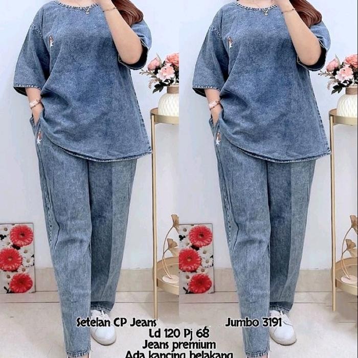 3191 Setelan Cp Jeans Jumbo Bordir Wanita/ Set Jumbo/One Set Jeans Ld120