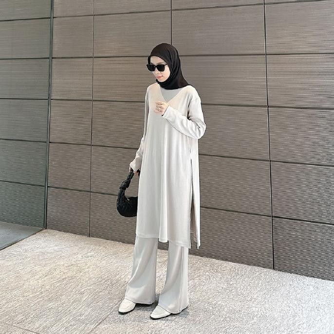 Terlaris Yura Setelan Tunik Kulot Snowy Rib Knit Polos Set 2 In 1 Wanita Ready Stok