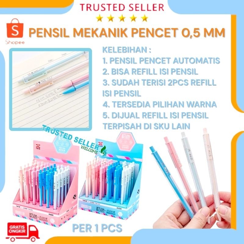 

PENSIL MEKANIK PENCET AUTOMATIS 0,5MM BISA REFILL WARNA BIRU HIJAU PINK PUTIH TEK TEK