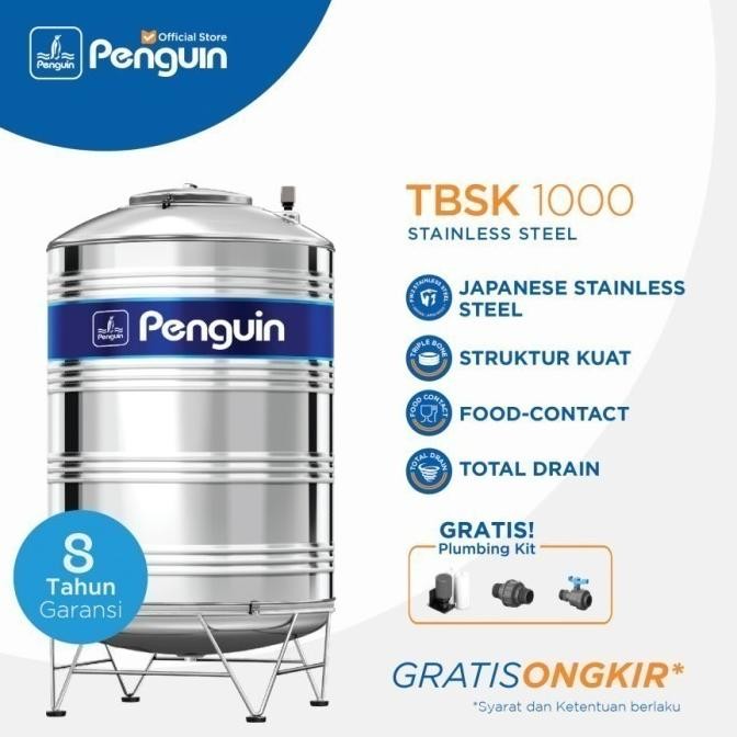 Tangki Air | Tandon Air | Toren Air |Torn Penampungan Air Penguin Stainless TBSK 1000 Liter X TIRTA 