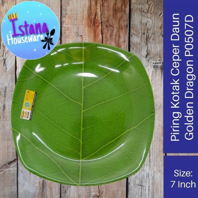~~~~~] Piring Ceper Motif Daun Segi Kotak Melamin 7" Saji Sayur Kue Dessert