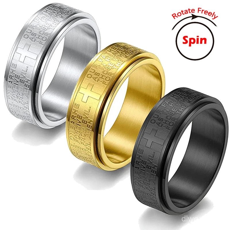 Cincin Kecemasan Stainless Steel Bebas Putar Untuk Pria Wanita Cincin Spinner Salib Kristen Retro Am