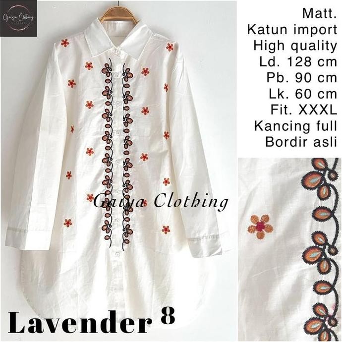 Siap Kirim KEMEJA TUNIK JUMBO KATUN BORDIR BUNGA WANITA WHITE SERIES LD. 130 LAVENDER JUMBO Putih Ba