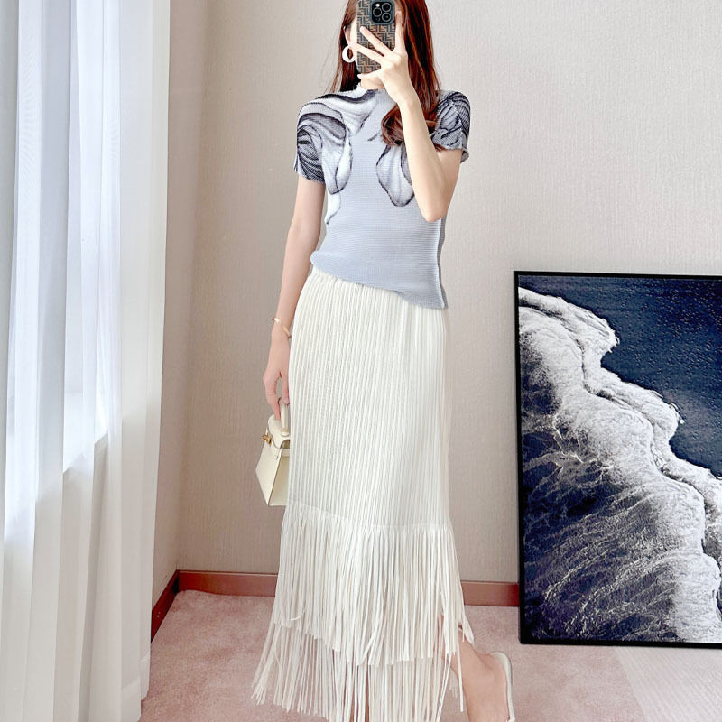 Miyake Pleated Two-Layer Tassel Skirt for Women, Draped High-Waisted Pleated Skirt