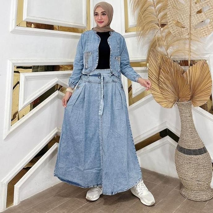 Mitsuki One Set Jeans Rompi Kombinasi Katun Kotak Fashion Muslim Wanita Kekinian