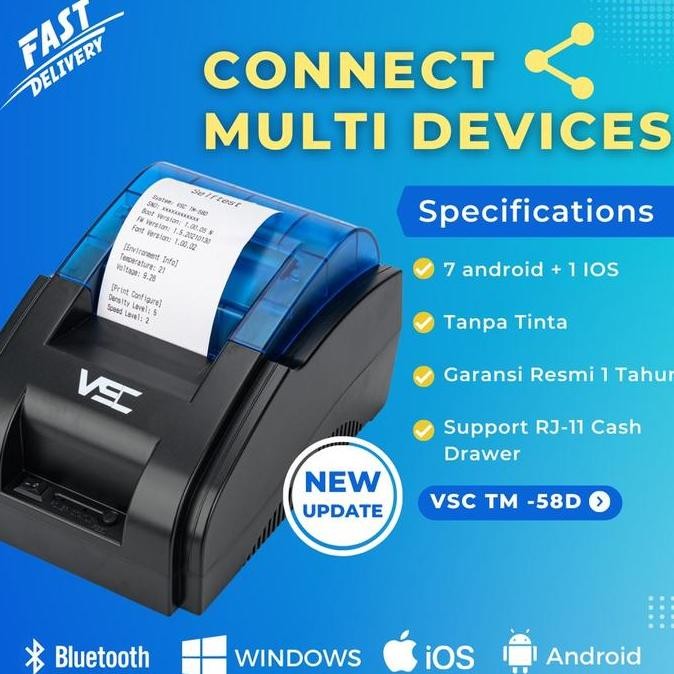 PRINTER THERMAL BLUETOOTH VSC TM-58D 58mm SUPPORT STRUK  MOKA GOBIZ QASIR - RPP02N Charger Label kas
