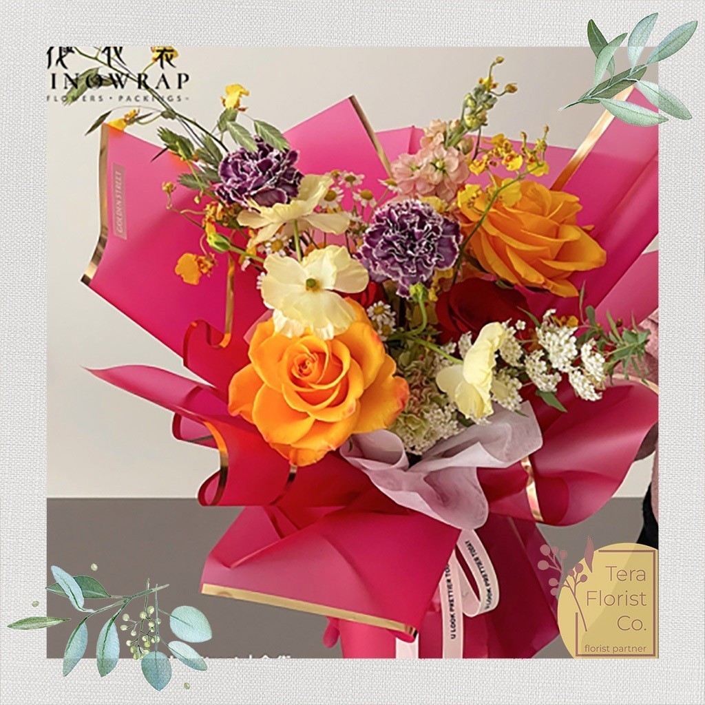 

iDk90 20 Lembar Cellophane Metalik Gold Frame List Kertas Jelly Ori Sinowrap Buket Bunga Korean