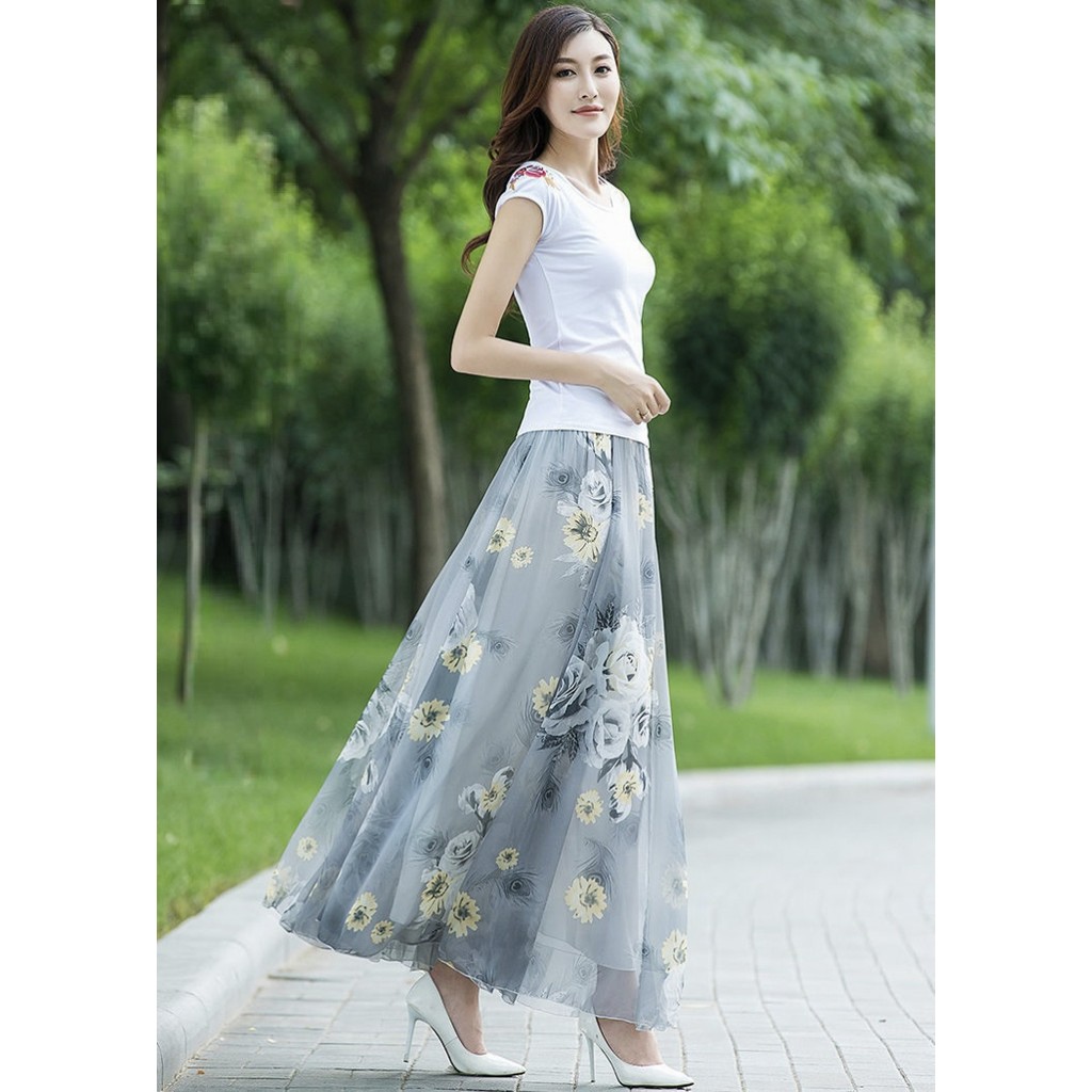 Rok Pinggang Tinggi Sifon Korea/Dress Wanita Panjang, Motif Bunga Liburan
