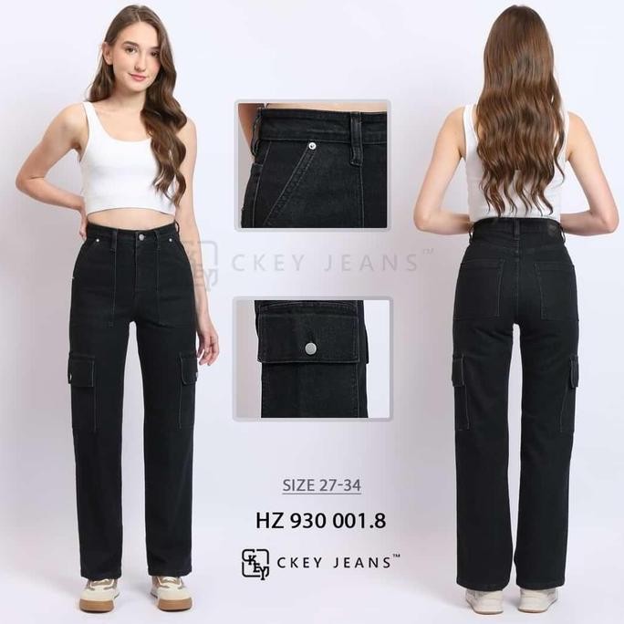 MURAH Ckey Celana Jeans Cargo Highwaist Wanita Stretch