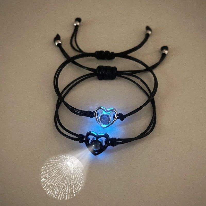 Luminous Hollow heart projection couple bracelet 2 hand-woven bracelets that say I love you in 100 l