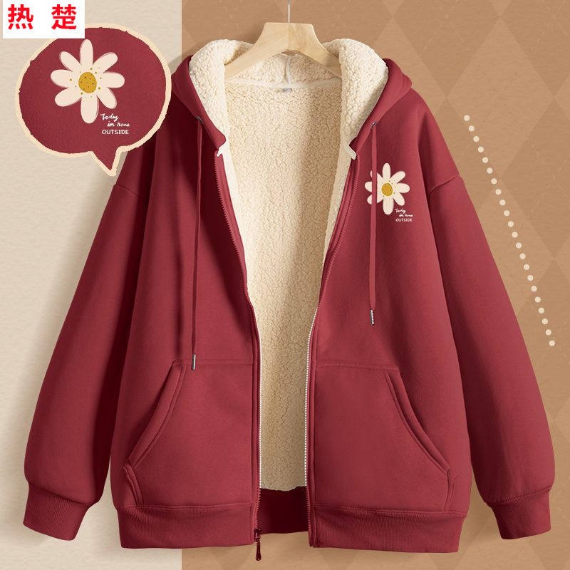 Kardigan Sweater Berkerudung Wol Domba Merah Anggur Musim Dingin