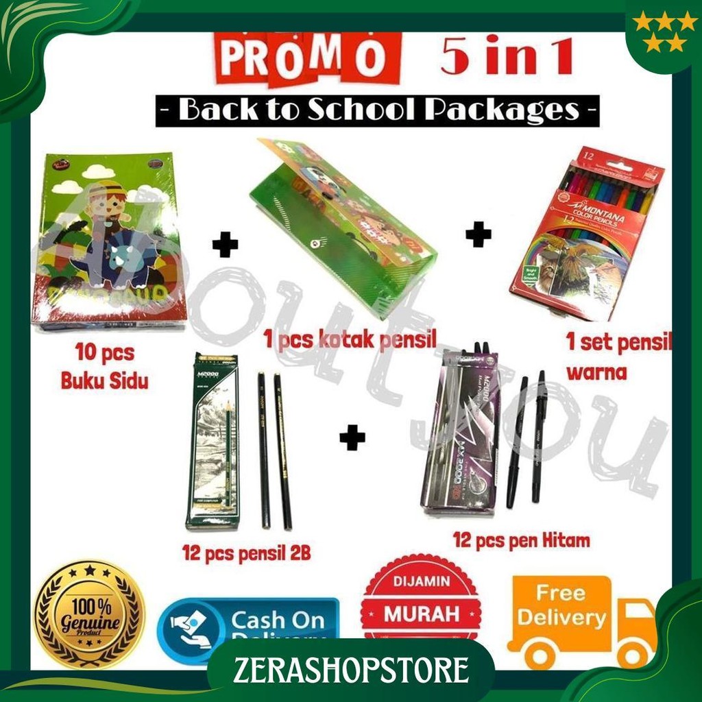 Promo 5 In 1 Paket Alat Tulis Sekolah Set Lengkap Buku Kotak Pensil Warna Pen Murah Promo