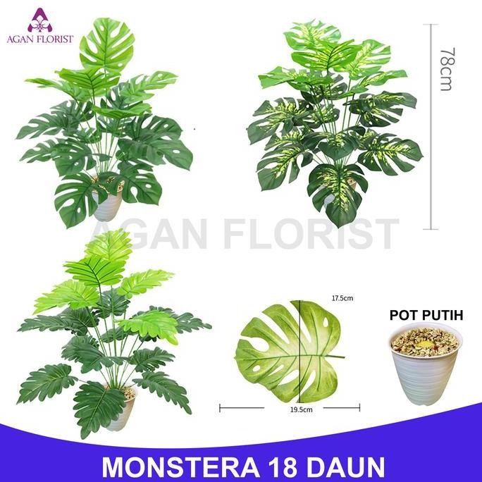 Tanaman Hias Daun Monstera Janda Bolong Artificial Plastik Palsu Dengan Pot 18 Cabang Bunga Dekorasi