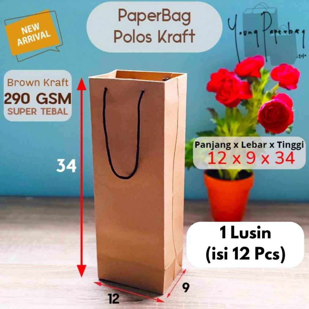 

uk-12 Paper Bag / Tas Kertas Botol Wine Tumbler Kraft Uk. 12x9x34 (1 lusin) Hemat