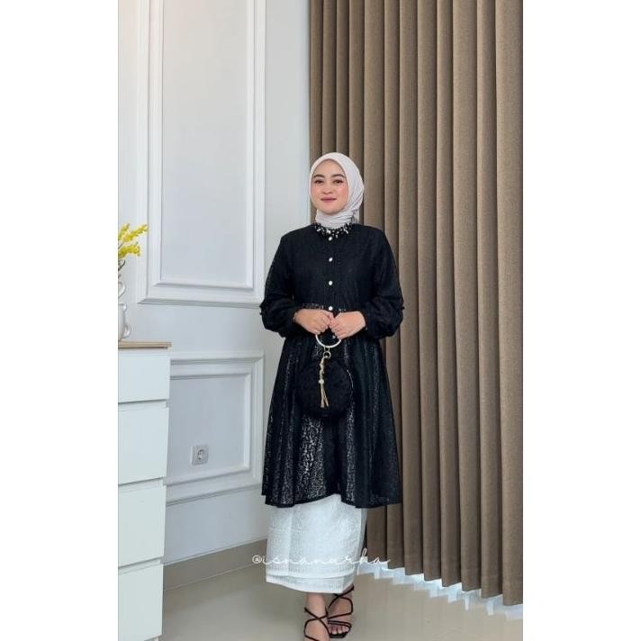 Bla Outer Ina Outer Lace Lembut Warna Hitam Tuni Tulle Dengan Ancing Mutiara Outfit Ondangan Lamaran