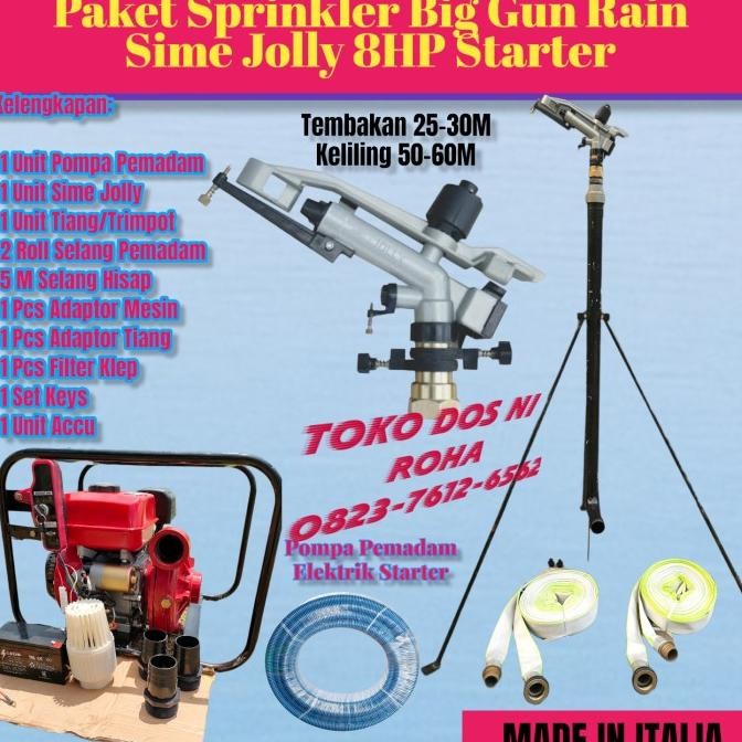 Paket Sprinkler Big Gun Sime Jolly Radius 60M Mesin 8HP Starter Bensin