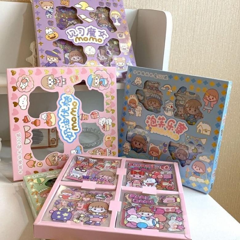 

er-6 1 pack isi 100 Lembar Pcs Stiker Box Merk SENRIO kuromi stela lou Momo Sticker Set korea Terlaris