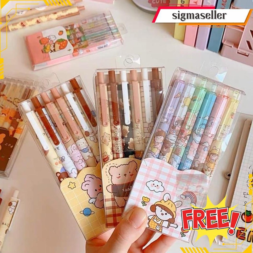 

[ Dwcorner ] Pulpen Gel Lucu Set 6In1 / Pulpen Tinta Hitam / Pulpen Gel Hitam Set Bisa Cod