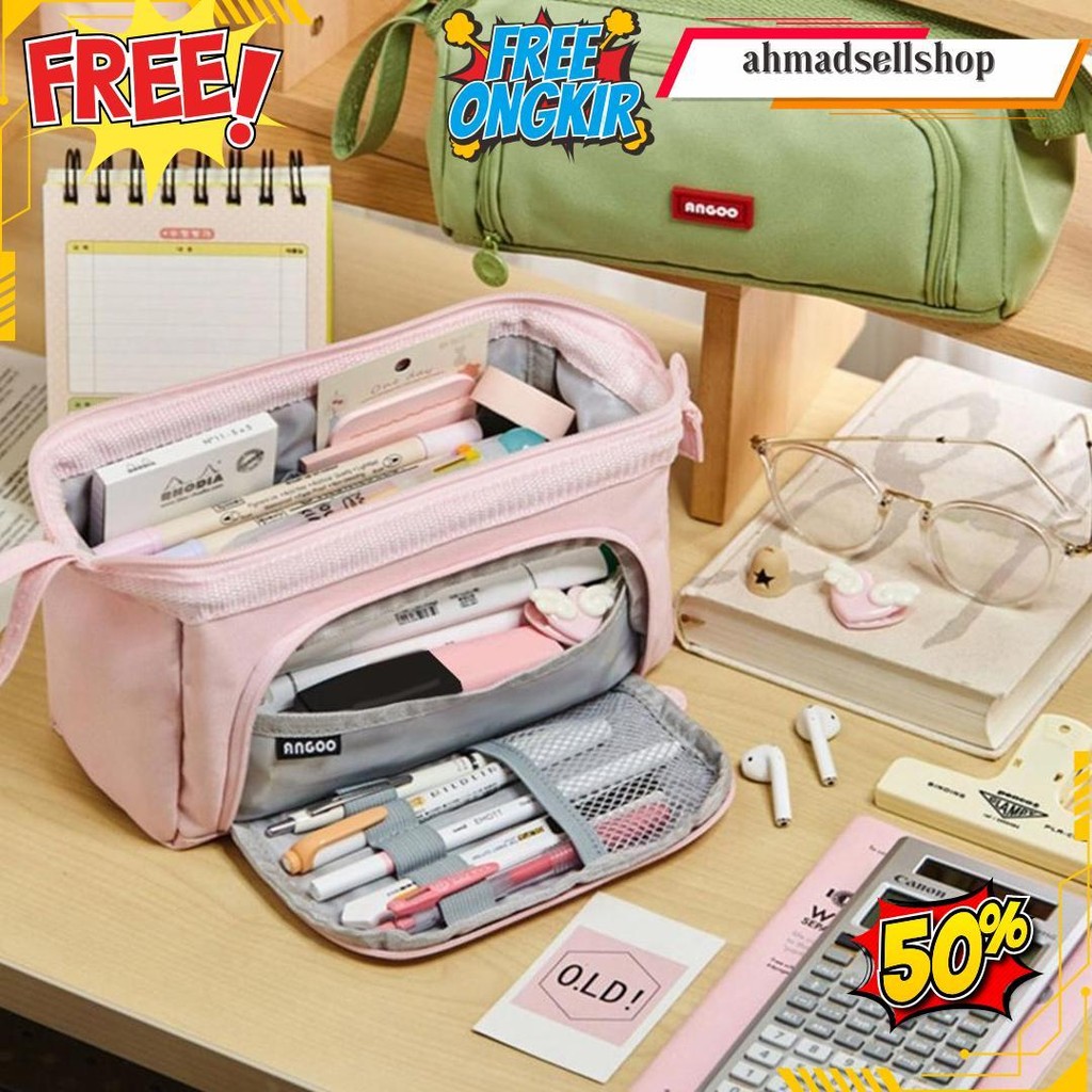 

[Cod] Angoo Super Large Capacity Pencil Case Kawaii Korean Pencil Cases Aesthetic Stationery Office Desk Storage Bag For Girls School Supplies Gratis Ongkir