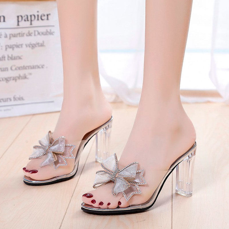 Sandal Wanita Berkualitas Tinggi  Sepatu Sandal Setengah Pita Manis Gaya Korea Hak Tinggi Hak Chunky