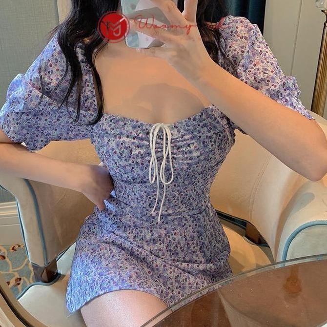 Woomy DR392 Korean Mini Dress Motif Bunga Wanita Model Sabrina Polyester Gaun Vintage Dres Pantai Ba