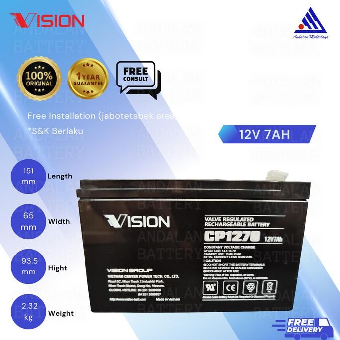 Murah Baterai UPS Aki Kering VISION 12V7Ah/VRLA CP1270 / AKI UPS 12V 7Ah Non COD