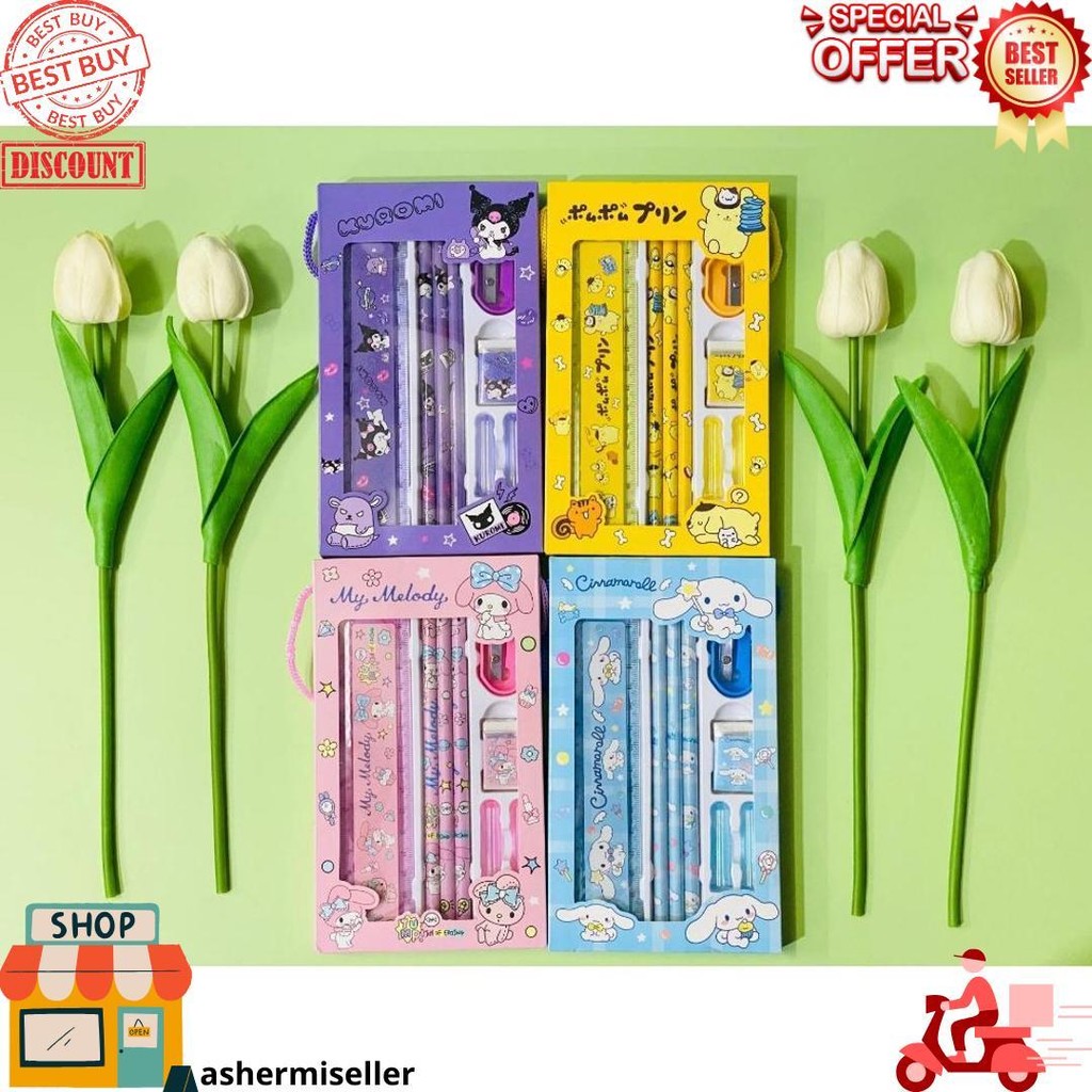 

(Yunita) (8Pcs) Set Alat Tulis Sanrio /Alat Tulis 8 In 1 Pensil Penghapus Penggaris Rautan Cinnamorooll Kuromi Melody/ Kado Anak Sekolah D Promo 4.4