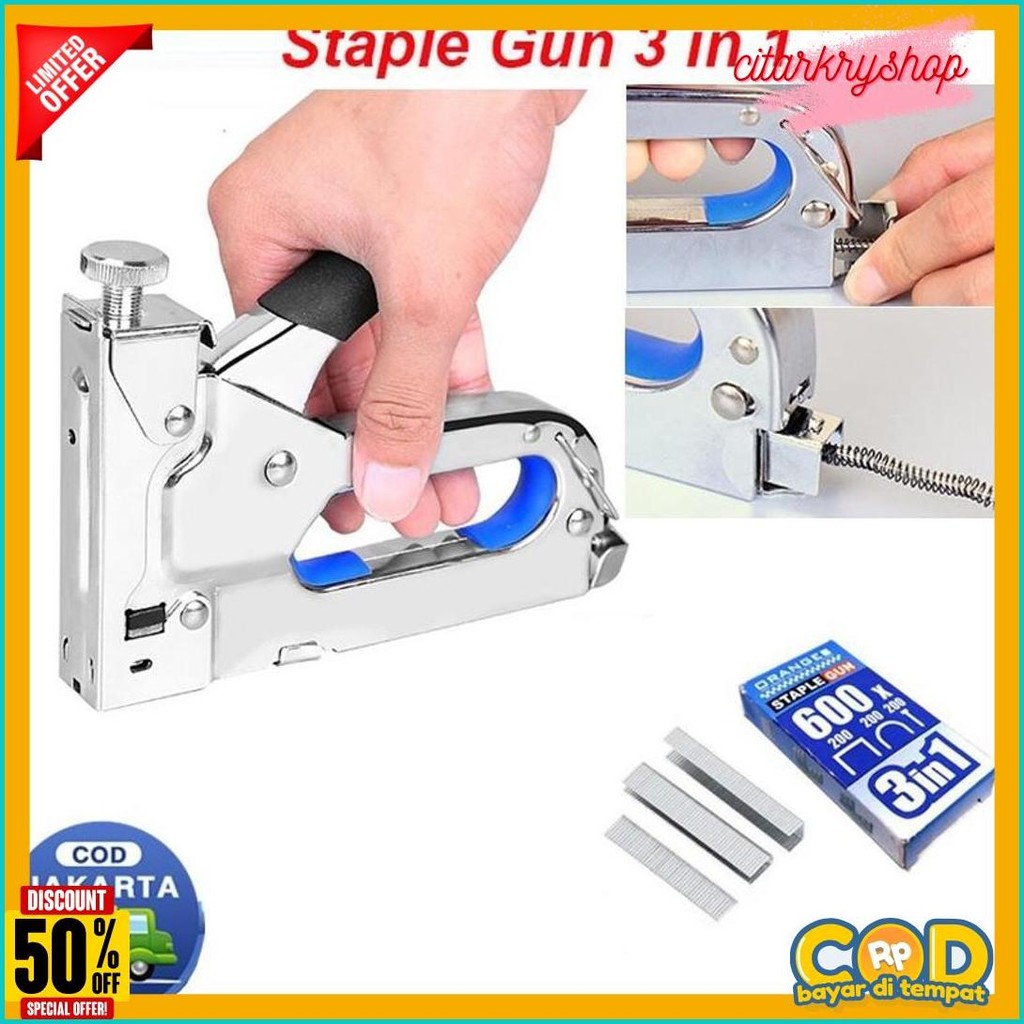

Staples Gun Tacker Mollar 3 In 1 / Staple Jok Tembak Hekter 3 Way Dapat 3 Jenis Paku/3 In 1 Staples Gun Tacker Mollar Flash Sale! Diskon Hingga 70%