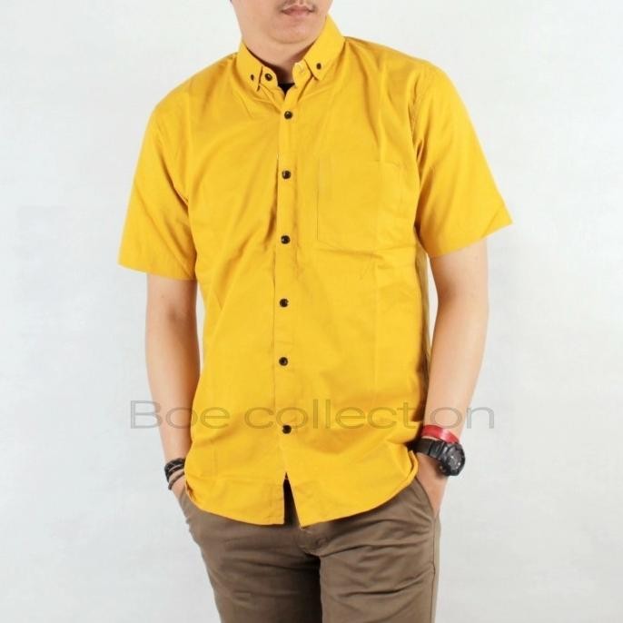 (Good) kemeja pria lengan pendek kuning polos + Baju Kemeja Pria Slimfit