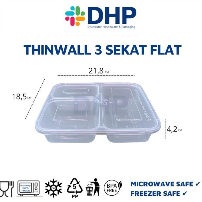 (Good) Thinwall Bento 3 Sekat FLAT + Tutup Box Kotak Makan Nasi Plastik