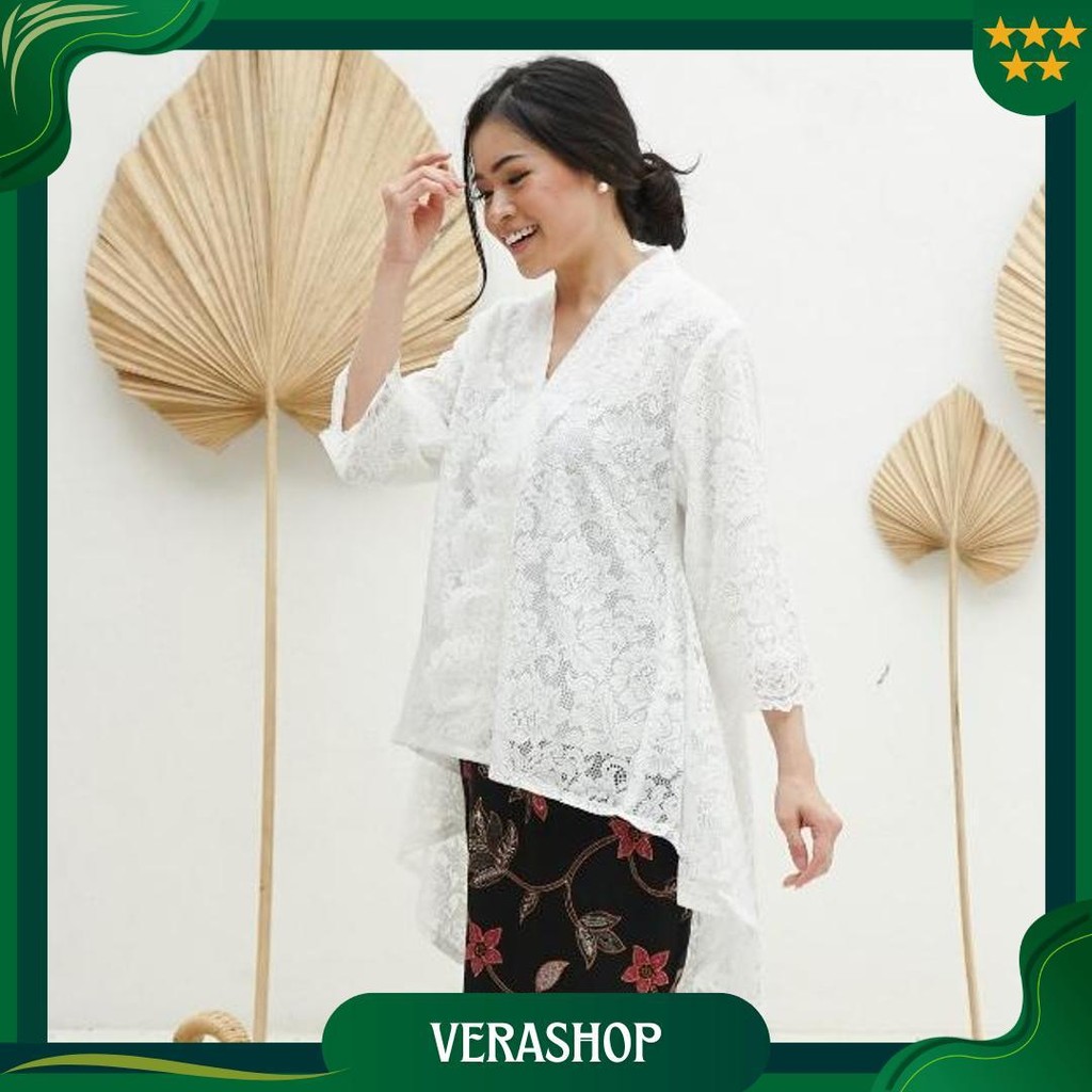 Ibukebaya - Kebaya Encim Modern Panjang Belakang Penguin Brukat Putih Hitam Promo 4.4
