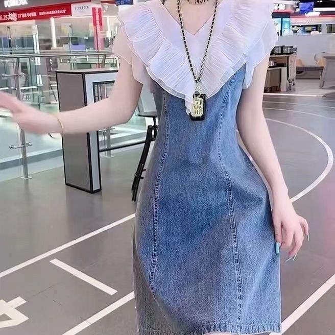 Western Style Denim Stitching Dress Denim Skirt for Women