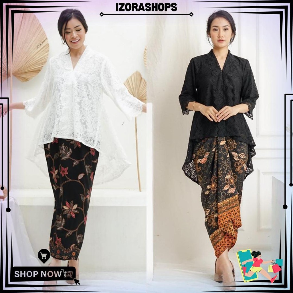 Ibukebaya - Kebaya Encim Modern Panjang Belakang Penguin Brukat Putih Hitam Termurah