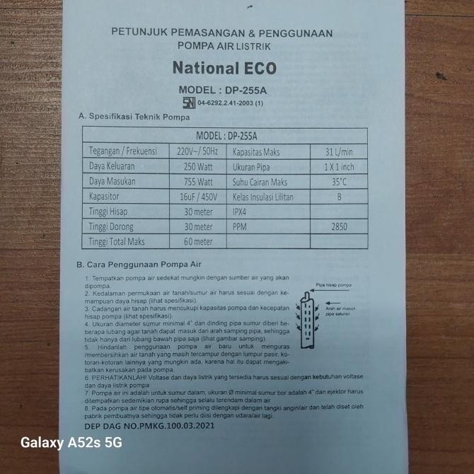 Pompa air Jet Pump National Eco Dp 255 pompa sumur dalam ITALY SNI