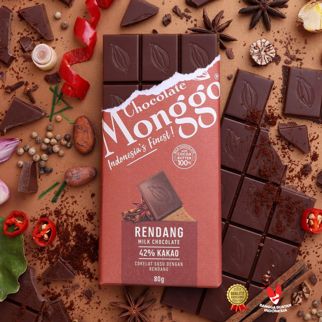 

Chocolate Monggo | Rendang Curry & Milk Chocolate 80g | Coklat Murni 100% Cocoa Butter | Cokelat Rempah & Coklat Susu | Coklat Snack Souvenir