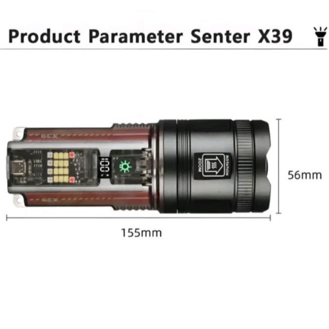Senter LED Laser X39 7 Mode Sinar Solar Panel Flashlight Powerfull murah