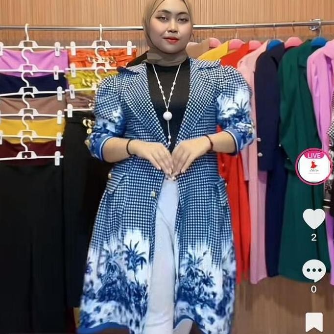 Sale Blazer Panjang Wanita Hs Flowy Shakila Long Coat #5721-2 Bahan Scuba Premium Tebal Hitam Jaket 